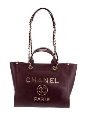 Authentic CHANEL deauville studded caviar leather burgundy tote